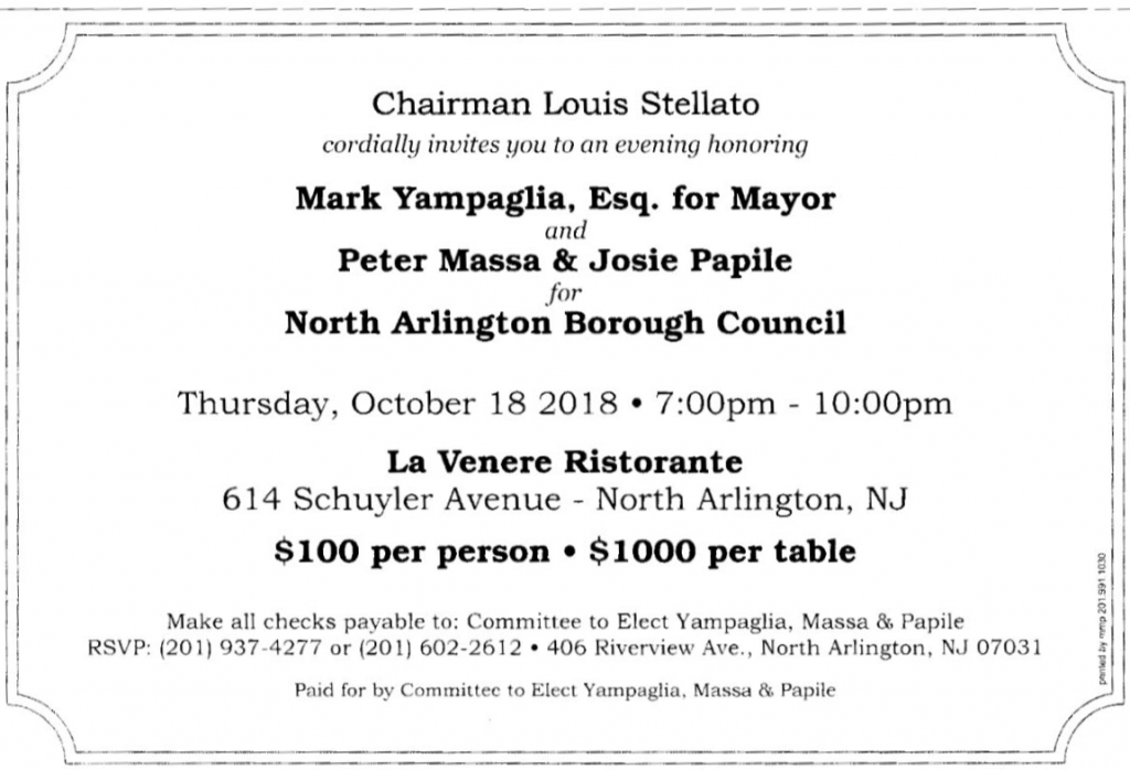 Fundraiser dinner to be held for mayoral candidate Councilman Mark Yampaglia and his running-mates Peter Massa and Josie Papile for Borough Council.